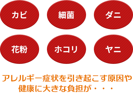 カビ・細菌・ダニ・カフン・ホコリ・ヤニ　アレルギー症状を引き起こす原因や健康に大きな負担が・・・